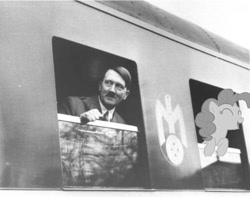 Size: 500x393 | Tagged: safe, pinkie pie, human, adolf hitler, black and white, grayscale, irl, irl human, photo, train