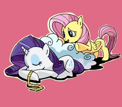 Size: 800x700 | Tagged: safe, artist:hobbang, fluttershy, rarity, pegasus, pony, unicorn, cloud, female, flarity, lesbian, pixiv, shipping, sleeping