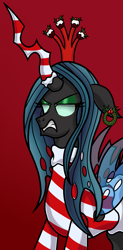 Size: 927x1879 | Tagged: safe, artist:heartshielder1991, queen chrysalis, changeling, changeling queen, candy, candy cane, christmas, christmas changeling, christmas wreath, clothes, crown, ear piercing, earring, female, floppy ears, food, gritted teeth, grumpy, holiday, horn sock, jewelry, piercing, queen chrysalis is not amused, red background, regalia, simple background, solo, unamused, wreath