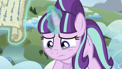 Size: 1920x1080 | Tagged: safe, screencap, starlight glimmer, pony, the cutie re-mark, cloud, crying, frown, glowing horn, magic, mountain, river, s5 starlight, sad, scroll, solo, telekinesis, tree