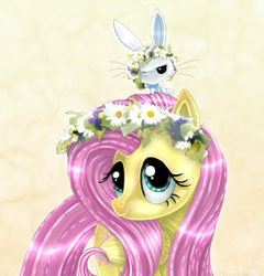 Size: 1006x1050 | Tagged: dead source, safe, artist:lova-gardelius, angel bunny, fluttershy, pegasus, pony, angel is not amused, female, floral head wreath, flower, mare