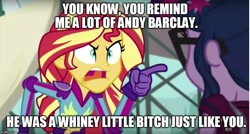 Size: 931x500 | Tagged: safe, edit, edited screencap, screencap, sci-twi, sunset shimmer, twilight sparkle, equestria girls, friendship games, caption, chucky, image macro, meme, sunset yells at twilight, vulgar