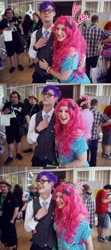 Size: 853x1920 | Tagged: safe, artist:glasmond, elusive, pinkie pie, rarity, human, clothes, convention, cosplay, galacon, glasses, irl, irl human, necktie, photo, rule 63, vest