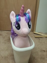 Size: 780x1040 | Tagged: safe, starlight glimmer, pony, unicorn, c:, cute, drama, female, into the trash it goes, irl, mare, photo, plushie, silly, silly pony, smiling, solo, starlight drama, trash can, your waifu is trash