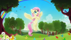 Size: 2560x1440 | Tagged: safe, artist:pyitp, angel bunny, fluttershy, blue jay, butterfly, pegasus, pony, happy, rainbow, tree