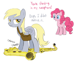 Size: 1059x851 | Tagged: safe, artist:ah-darnit, derpy hooves, pinkie pie, pegasus, pony, dialogue, female, jerk, mailbag, mare, musical instrument, saxophone, simple background, white background