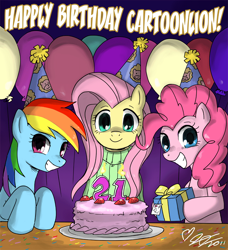 Size: 900x988 | Tagged: safe, artist:johnjoseco, derpibooru import, fluttershy, pinkie pie, rainbow dash, earth pony, pegasus, pony, balloon, cake, cartoonlion, clothes, happy birthday, sweater, sweatershy