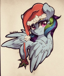 Size: 542x641 | Tagged: safe, artist:agletka, derpibooru import, rainbow dash, pegasus, pony, bust, christmas, female, hat, holiday, holly, looking at you, mare, portrait, santa hat, simple background, solo, traditional art