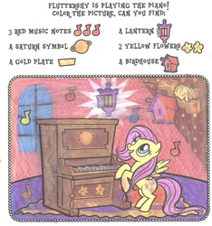 Size: 1055x1127 | Tagged: safe, fluttershy, pegasus, pony, bird house, colour and find, flower, lantern, merchandise, music, music notes, piano, planet, saturn, solo