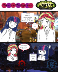 Size: 1280x1603 | Tagged: safe, artist:angeltorchic, sunset shimmer, twilight sparkle, twilight sparkle (alicorn), alicorn, equestria girls, alliance, class, clothes, comic, dialogue, emblem, horde, legion, open mouth, speech bubble, warcraft, world of warcraft