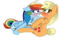 Size: 800x400 | Tagged: safe, artist:misspolycysticovary, derpibooru import, applejack, rainbow dash, earth pony, pegasus, pony, appledash, bedroom eyes, blushing, boop, eye contact, female, floppy ears, frown, grin, lesbian, noseboop, on side, shipping, simple background, sitting, smiling, transparent background, vector, wide eyes
