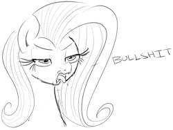 Size: 927x696 | Tagged: safe, artist:zev, fluttershy, pegasus, pony, bullshit, flutterbitch, grayscale, lineart, monochrome, reaction image, sketch, solo, spit, tongue out, vulgar