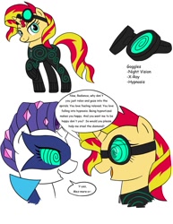 Size: 786x1017 | Tagged: safe, artist:tf-circus, radiance, rarity, sunset shimmer, oc, oc:mez-mare-a, pony, unicorn, goggles, hypnogear, hypnosis, hypnotized, power ponies, power ponies oc, speech bubble, supervillain, swirly eyes, text, villainess