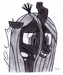 Size: 2397x2832 | Tagged: safe, artist:drchrisman, queen chrysalis, changeling, changeling queen, frenemies (episode), female, horn, monochrome