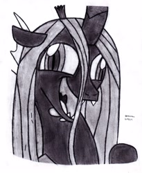 Size: 2415x2941 | Tagged: safe, artist:drchrisman, queen chrysalis, changeling, changeling queen, the beginning of the end, derp, female, monochrome, solo, traditional art