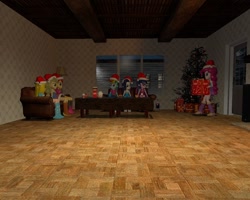 Size: 1280x1024 | Tagged: safe, artist:darkvenom666, derpibooru import, applejack, pinkie pie, rainbow dash, rarity, sci-twi, sunset shimmer, twilight sparkle, equestria girls, 3d, christmas, christmas presents, christmas tree, gmod, hat, holiday, present, santa hat, tree