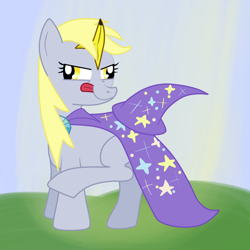 Size: 1000x1000 | Tagged: safe, artist:hip-indeed, derpy hooves, pony, unicorn, asshat, banana, fake horn, solo, the great and powerful, trixie's cape, trixie's hat