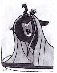 Size: 2512x3210 | Tagged: safe, artist:drchrisman, queen chrysalis, changeling, changeling queen, frenemies (episode), cute, cutealis, female, monochrome, open mouth, singing, solo, spotlight, traditional art