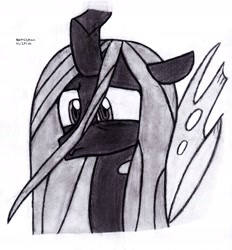 Size: 2527x2728 | Tagged: safe, artist:drchrisman, queen chrysalis, changeling, changeling queen, female, monochrome, sad, solo, traditional art
