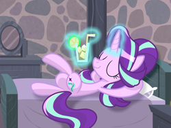 Size: 4128x3096 | Tagged: safe, artist:lovehtf421, starlight glimmer, pony, unicorn, bed, drink, eyes closed, female, glass, glowing horn, magic, mare, relaxing, smiling, solo, telekinesis