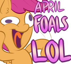 Size: 400x360 | Tagged: safe, artist:lamia, scootaloo, pegasus, pony, april fools, female, pun, solo