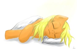 Size: 1000x643 | Tagged: safe, artist:hieronymuswhite, applejack, earth pony, pony, female, loose hair, mare, sleeping