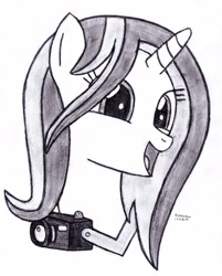 Size: 2453x3053 | Tagged: safe, artist:drchrisman, crackle cosette, queen chrysalis, changeling, changeling queen, camera, disguise, disguised changeling, female, monochrome, solo, traditional art