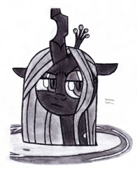 Size: 791x1010 | Tagged: safe, artist:drchrisman, queen chrysalis, changeling, changeling queen, frenemies (episode), female, monochrome, solo, traditional art