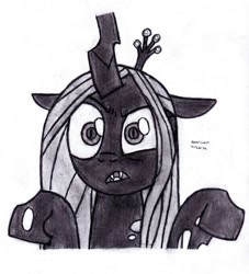 Size: 852x938 | Tagged: safe, artist:drchrisman, queen chrysalis, changeling, changeling queen, frenemies (episode), female, monochrome, solo, traditional art