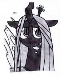 Size: 789x1013 | Tagged: safe, artist:drchrisman, queen chrysalis, changeling, changeling queen, female, monochrome, solo, traditional art