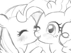 Size: 800x600 | Tagged: safe, fluttershy, pinkie pie, earth pony, pegasus, pony, askharajukupinkiepie, blushing, cute, diapinkes, female, flutterpie, heart, kissing, lesbian, monochrome, shipping, wink