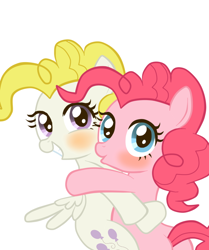 Size: 660x789 | Tagged: safe, pinkie pie, surprise, earth pony, pony, g1, askharajukupinkiepie, blushing, cute, diapinkes, g1 to g4, generation leap, grin, hug, looking at you, smiling, squee