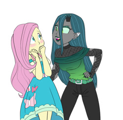 Size: 871x850 | Tagged: safe, artist:carnifex, fluttershy, queen chrysalis, changeling, changeling queen, equestria girls, chrysashy, clothes, commission, digital art, ear piercing, earring, equestria girls-ified, female, fishnet clothing, geode of fauna, jewelry, lesbian, magical geodes, piercing, shipping, younger