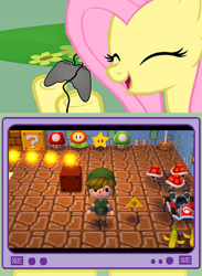 Size: 412x563 | Tagged: safe, fluttershy, pegasus, pony, 1-up mushroom, ? block, animal crossing, banana, banana peel, brick block, controller, cosplay, exploitable meme, eyes closed, female, fire, fire bar, fire flower, flag pole, gamershy, happy, hoof hold, kart, koopa shell, link, mare, mario kart, meme, mushroom, nintendo, open mouth, pink mane, power-up, red shell, screen, shell, smiling, stars, super mario bros., super mushroom, super star, the legend of zelda, triforce, tv meme, villager, yellow coat