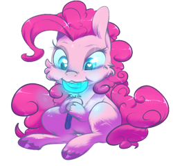 Size: 660x630 | Tagged: safe, artist:lunarmarshmallow, derpibooru exclusive, pinkie pie, earth pony, pony, bioluminescent, drool, eating, fangs, glow, glowing eyes, lollipop, sitting, solo, unshorn fetlocks, wingding eyes