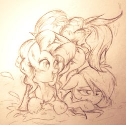 Size: 599x595 | Tagged: safe, artist:kelsiepie, derpibooru import, pinkie pie, rainbow dash, earth pony, pegasus, pony, female, heart eyes, lesbian, monochrome, pinkiedash, shipping, traditional art, wet