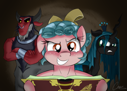 Size: 3226x2314 | Tagged: safe, artist:oinktweetstudios, cozy glow, lord tirek, queen chrysalis, changeling, changeling queen, pegasus, pony, the summer sun setback, book