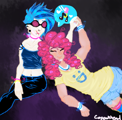 Size: 1392x1371 | Tagged: safe, artist:coppahhead, dj pon-3, pinkie pie, vinyl scratch, female, glasses, glowstick, holding hands, humanized, lesbian, shipping, vinylpie