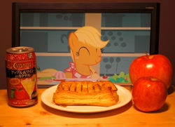 Size: 1291x935 | Tagged: safe, applejack, apple, apple fritter (food), dinner, eyes closed, food, irl, japanese, otaku date, photo, pixiv, smiling, solo, spaghetti, waifu, waifu dinner