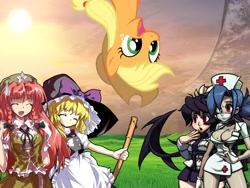 Size: 1024x768 | Tagged: safe, applejack, human, pony, cleavage, crossover, female, filia, halo (series), hong meiling, kirisame marisa, samson, silly, silly pony, skullgirls, touhou, upside down, valentine (skullgirls)