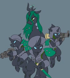 Size: 1850x2048 | Tagged: safe, alternate version, artist:omegapony16, queen chrysalis, oc, changeling, changeling queen, armor, changeling oc, changelings in the comments, clothes, female, gray background, green changeling, gun, hat, hoof hold, rocket launcher, simple background, smiling, smirk, soldier, turban, vest, weapon