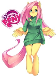 Size: 900x1253 | Tagged: safe, artist:matemi-i, fluttershy, anthro, pegasus, clothes, gameloft, logo, solo, sweater dress, sweatershy