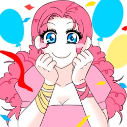 Size: 500x500 | Tagged: safe, artist:apzzang, pinkie pie, human, balloon, blush sticker, blushing, bust, colored pupils, confetti, cute, diapinkes, humanized, looking at you, no nose, simple background, smiling, solo, streamers, white background