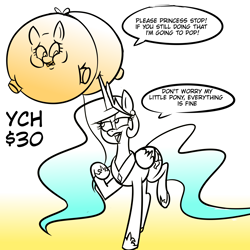 Size: 3000x3000 | Tagged: safe, artist:metalface069, princess celestia, alicorn, balloonie pony, earth pony, original species, pony, unicorn, air inflation, balloon, commission, floating, horn, horn poke, imminent popping, inflation, string, worried, ych sketch, your character here