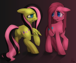 Size: 1024x848 | Tagged: safe, artist:xnir0x, fluttershy, pinkie pie, earth pony, pegasus, pony, crying, cutie mark, emo, emoshy, female, gradient background, looking at each other, mare, pinkamena diane pie, raised hoof, sad, wings