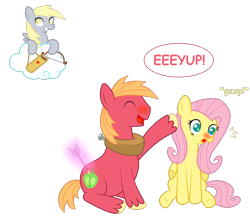 Size: 1856x1632 | Tagged: safe, artist:seabastian, big macintosh, derpy hooves, fluttershy, earth pony, pegasus, pony, background pony, blushing, cupid, eeyup, female, fluttermac, male, mare, shipper on deck, shipping, stallion, straight, unshorn fetlocks