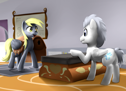 Size: 2975x2143 | Tagged: safe, artist:moonlitbrush, derpy hooves, oc, pegasus, pony, comic:derpy deliveries, delivery, saddle bag, smiling