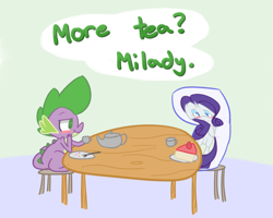 Size: 1000x800 | Tagged: safe, artist:kaiponi, rarity, spike, dragon, pony, unicorn, askkawaiispike, body pillow, cake, female, male, shipping, solo, sparity, straight, tea party, teacup, teapot