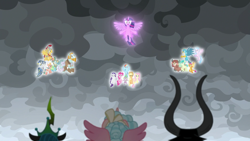 Size: 1920x1080 | Tagged: safe, screencap, applejack, cozy glow, flash magnus, fluttershy, gallus, lord tirek, meadowbrook, mistmane, pinkie pie, queen chrysalis, rainbow dash, rarity, rockhoof, sandbar, silverstream, smolder, somnambula, spike, star swirl the bearded, twilight sparkle, twilight sparkle (alicorn), yona, alicorn, centaur, changeling, changeling queen, classical hippogriff, dragon, earth pony, griffon, hippogriff, pegasus, pony, unicorn, yak, the ending of the end, alicornified, cozycorn, dragoness, female, floating, glow, mane six, pillars of equestria, race swap, ultimate chrysalis, winged spike