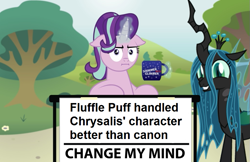 Size: 773x500 | Tagged: safe, artist:aleximusprime, artist:mixermike622, edit, queen chrysalis, starlight glimmer, changeling, changeling queen, pony, unicorn, marks for effort, :i, a better ending for chrysalis, adorkable, alternate universe, bush, canon, change my mind, coffee mug, crossing the memes, cute, cutealis, debate in the comments, dork, dorkalis, excited, faic, fanon, female, floppy ears, flower, friendship, giggling, glowing horn, grin, happy, horn, i mean i see, implied chrysipuff, implied fluffle puff, levitation, looking at you, magic, mare, meme, meta, mouthpiece, mug, multicolored mane, opinion, pink coat, redemption, reformed, sign, signature, silly, silly pony, sitting, smiling, spread wings, squee, standing, steven crowder, table, telekinesis, text, tree, when she smiles, wide eyes, wings